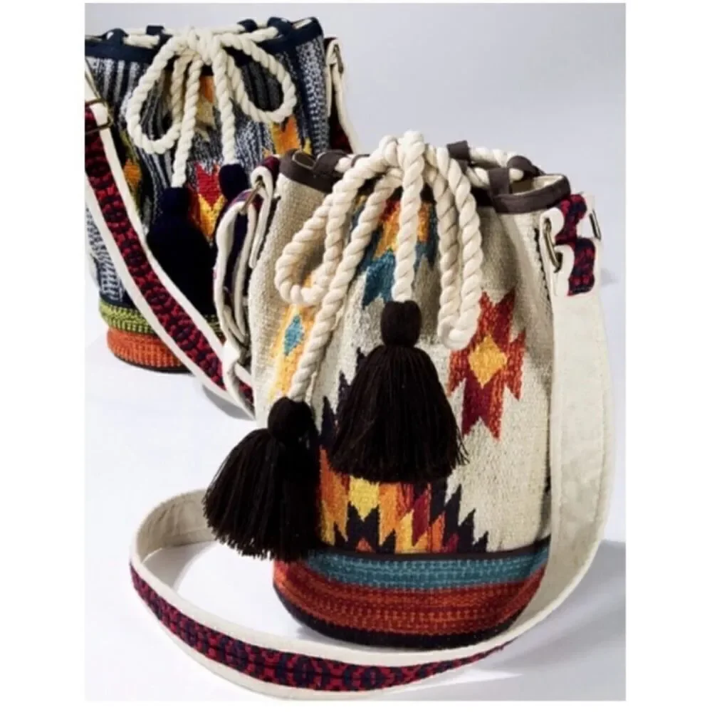 Ruggine Hand Woven Aztec Inspired Boho Bucket Bag With Shoulder Crossbody Strap